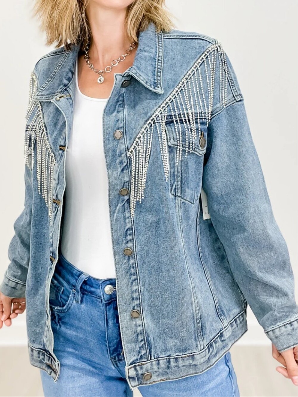 Rhinestone Fringe Denim Jacket - Boutique Brand Size Large By Veveret
